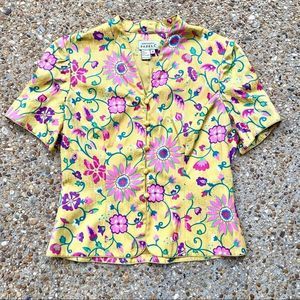 Adrianna Papell Silk Retro Yellow Floral Button Down Short Sleeve Blouse Size 10